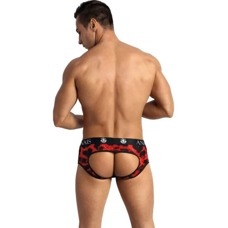 Bikini homme rouge imprimé animal, coupe ouverte, microfibre, marque ANAIS MEN, vue arrière, style audacieux et sexy.