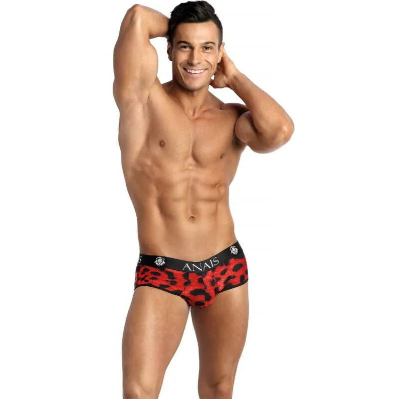 Bikini microfibre rouge imprimé animal ouvert pour hommes, audacieux et confortable, fabriqué en Europe.