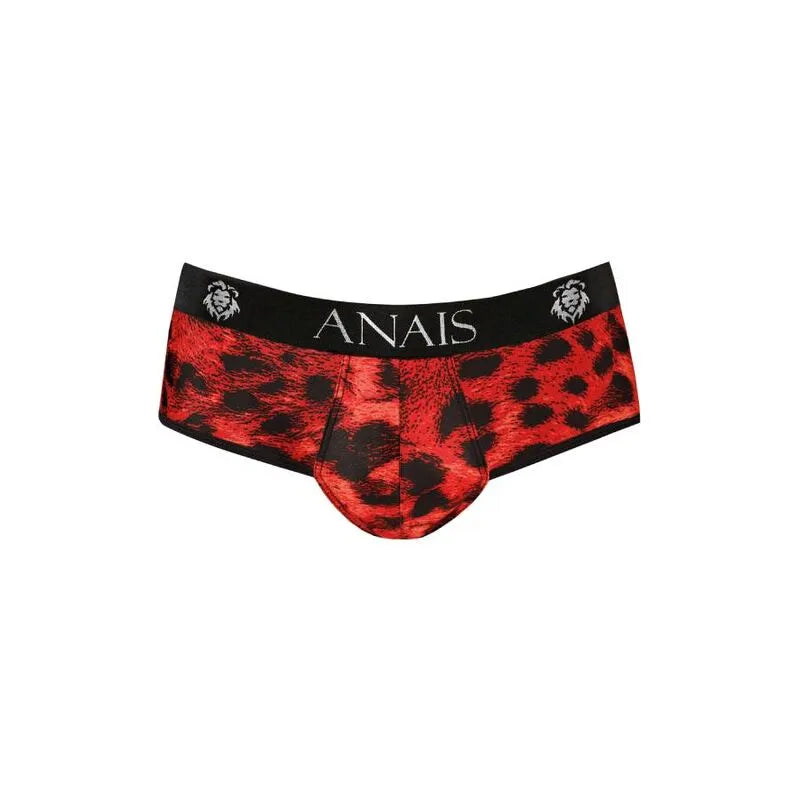 Bikini homme rouge imprimé animal, coupe ouverte, microfibre, marque ANAIS MEN, design audacieux et séduisant.