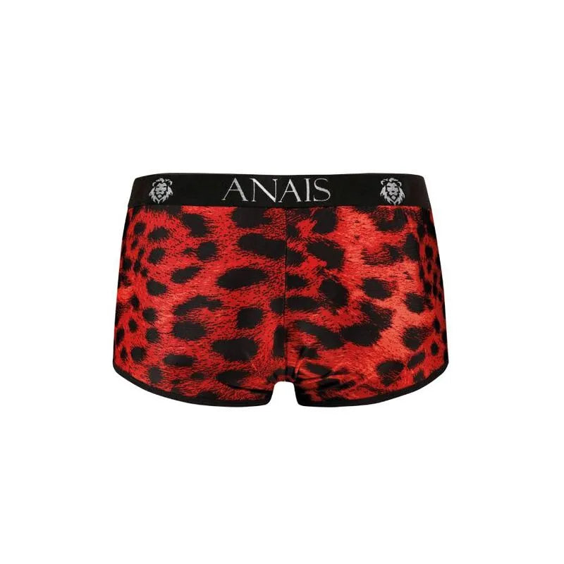 Boxer homme rouge imprimé animal sauvage, microfibre douce, coupe sportive, ceinture noire logo Anais, jambes longues.
