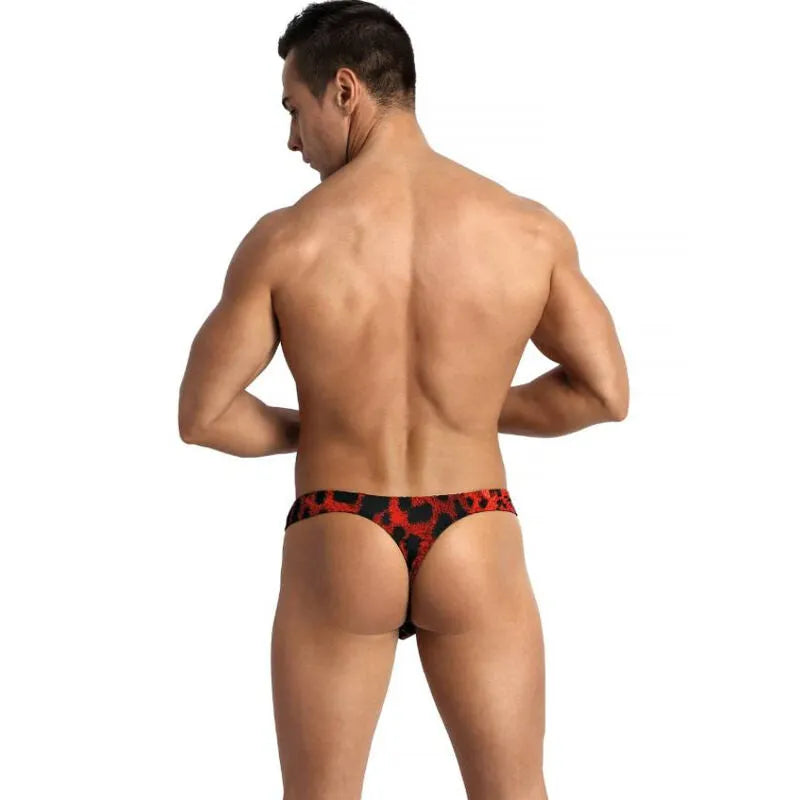 String homme rouge imprimé animal, microfibre douce, élastique délicat, confort optimal, séduction élégante.
