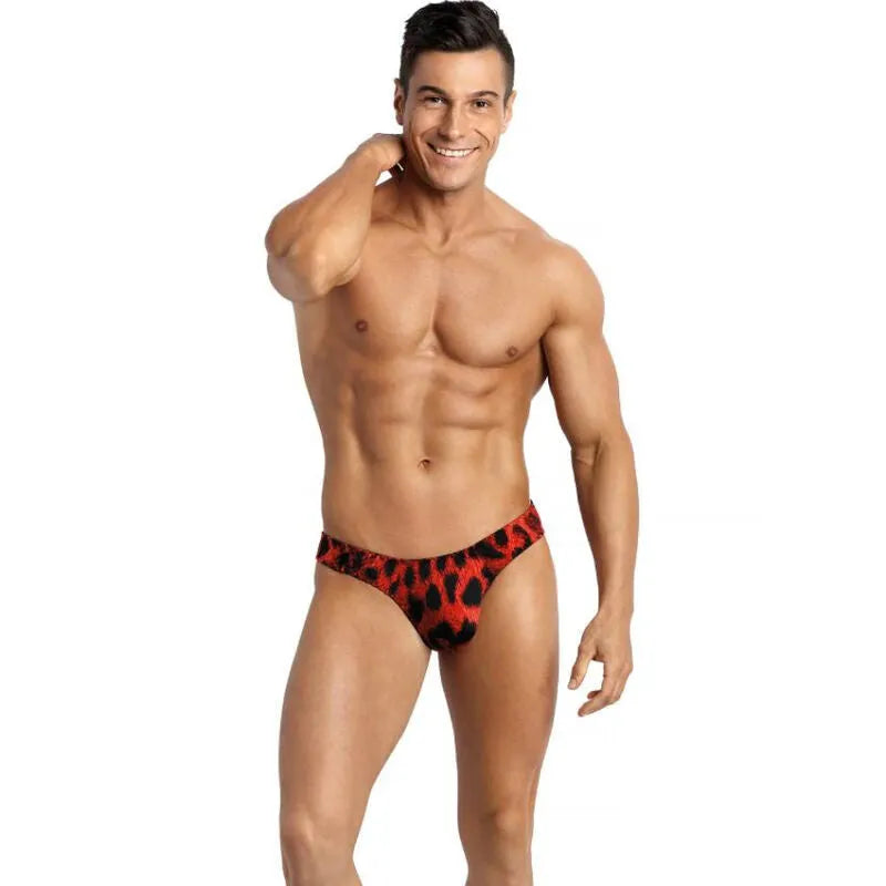 String homme rouge imprimé animal, microfibre douce, élastique délicat, confort optimal, séduction élégante.