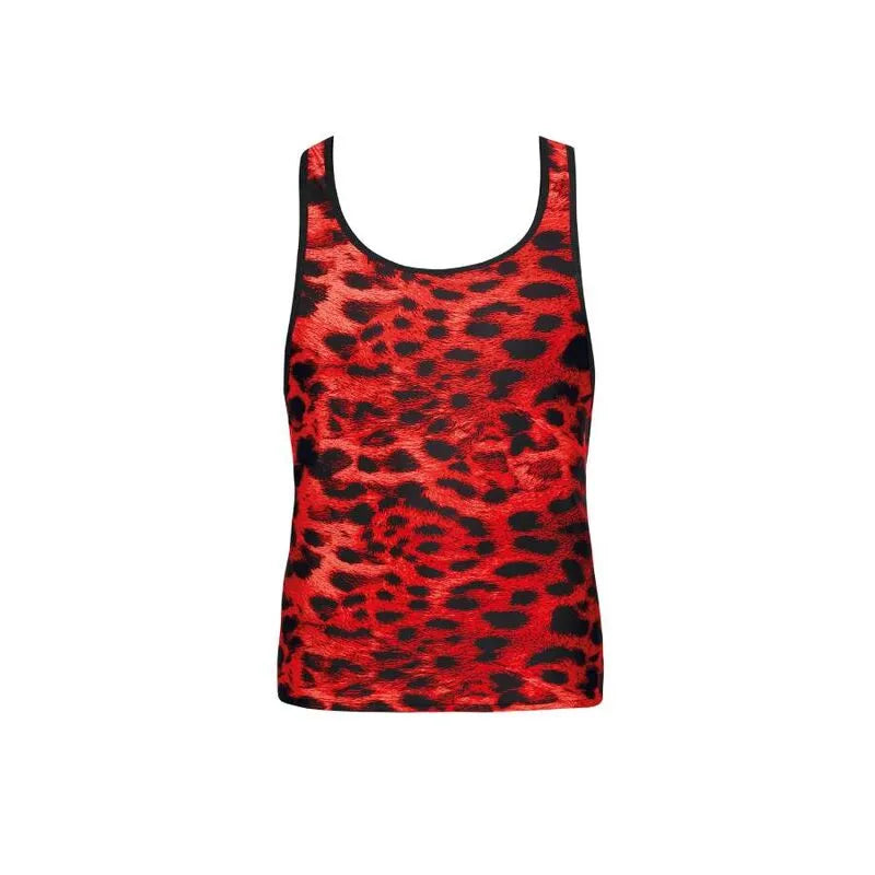 Débardeur rouge imprimé animal sauvage, microfibre douce, sans manches, ajustement parfait, Anais Men Top Savage.