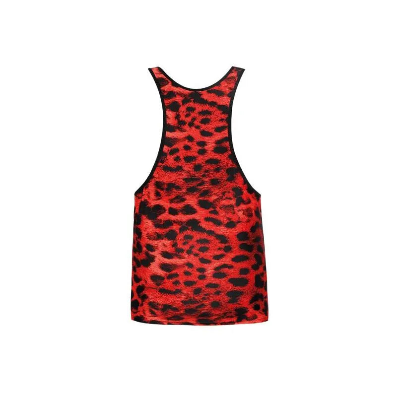 Top rouge sans manches en microfibre avec imprimé animal, ajustement parfait, Anais Men, lingerie sexy pour homme.