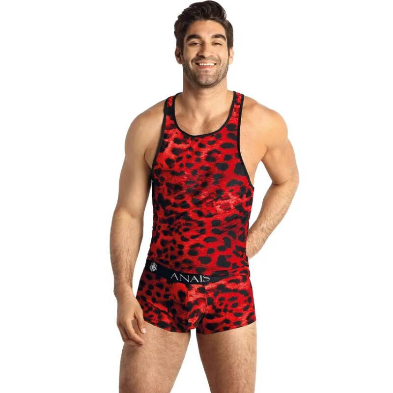 Débardeur rouge imprimé animal sauvage, sans manches, ajusté, en microfibre douce, pour homme, Anais Men Top Savage.