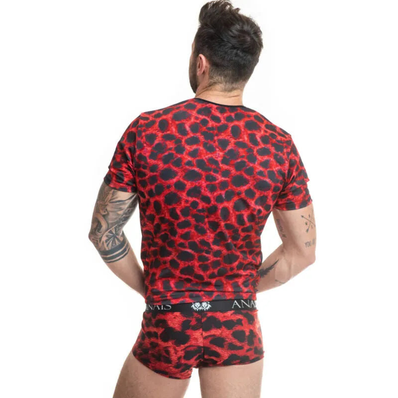 T-shirt homme rouge imprimé animal, ajusté, microfibre douce, Anais Apparel, vue arrière, lingerie sexy.