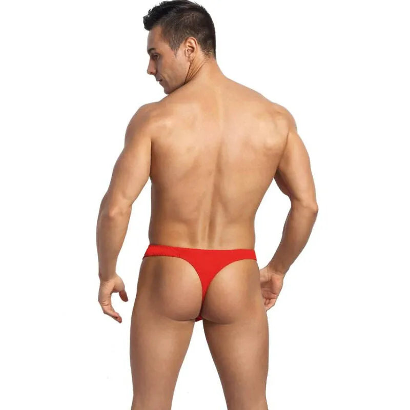 String homme rouge en microfibre douce avec bordure noire, confortable et ajusté, Anais Apparel.