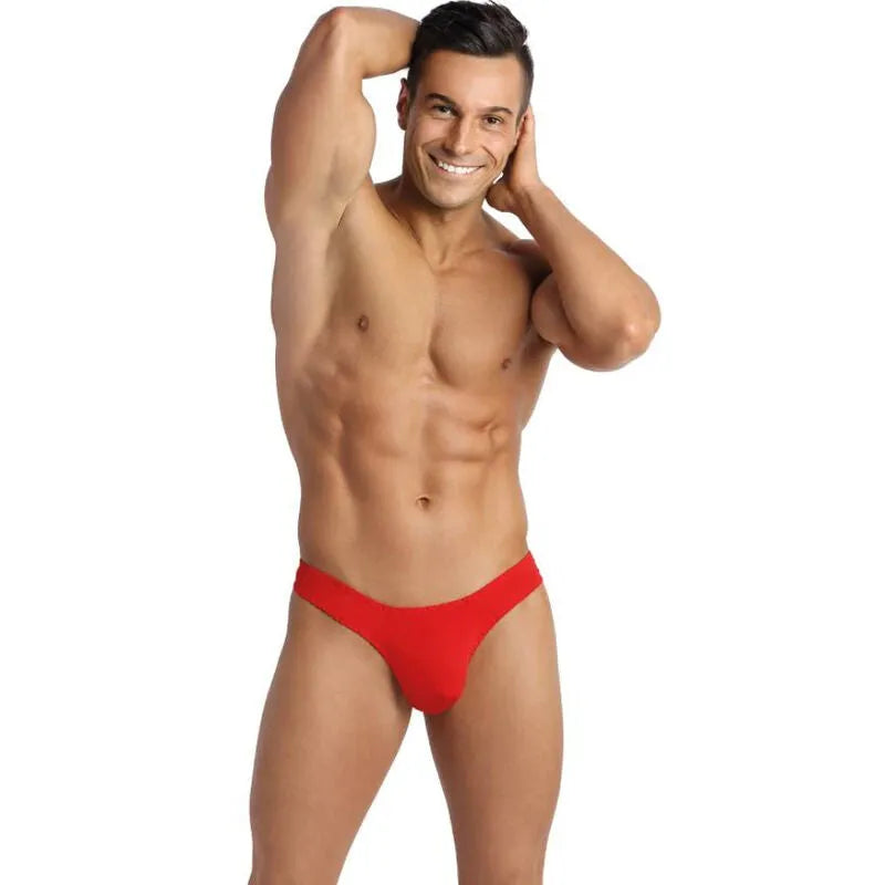 String homme rouge en microfibre douce avec bordure noire, ajustement parfait et confortable, Anais Apparel.