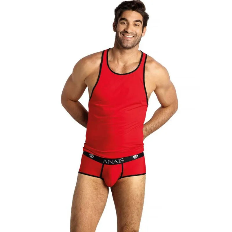 Débardeur rouge sans manches Anais Men avec bordure noire, ajustement parfait, en microfibre douce.