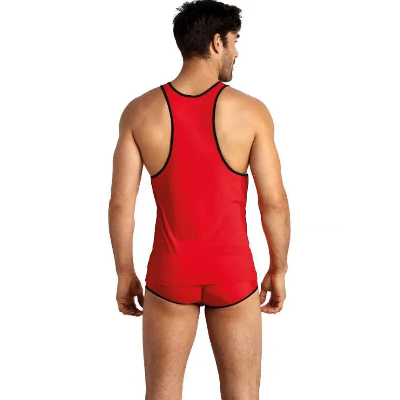 Débardeur rouge sans manches Anais Men Soul Top, microfibre douce, bordure noire, ajustement parfait, style classique.