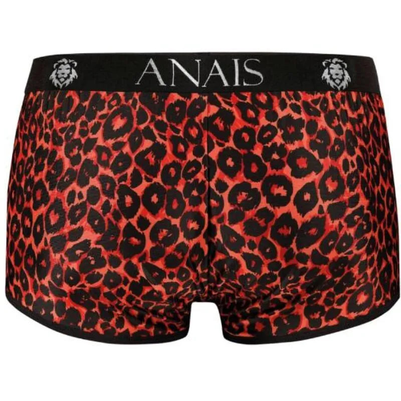 Boxer homme rouge imprimé animal, microfibre douce, coupe sportive, jambes longues, marque ANAIS, taille élastique noire.