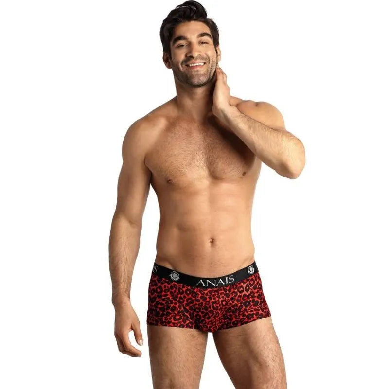 Boxer homme rouge imprimé animal, coupe sportive, jambes longues, microfibre douce, Anais Apparel.