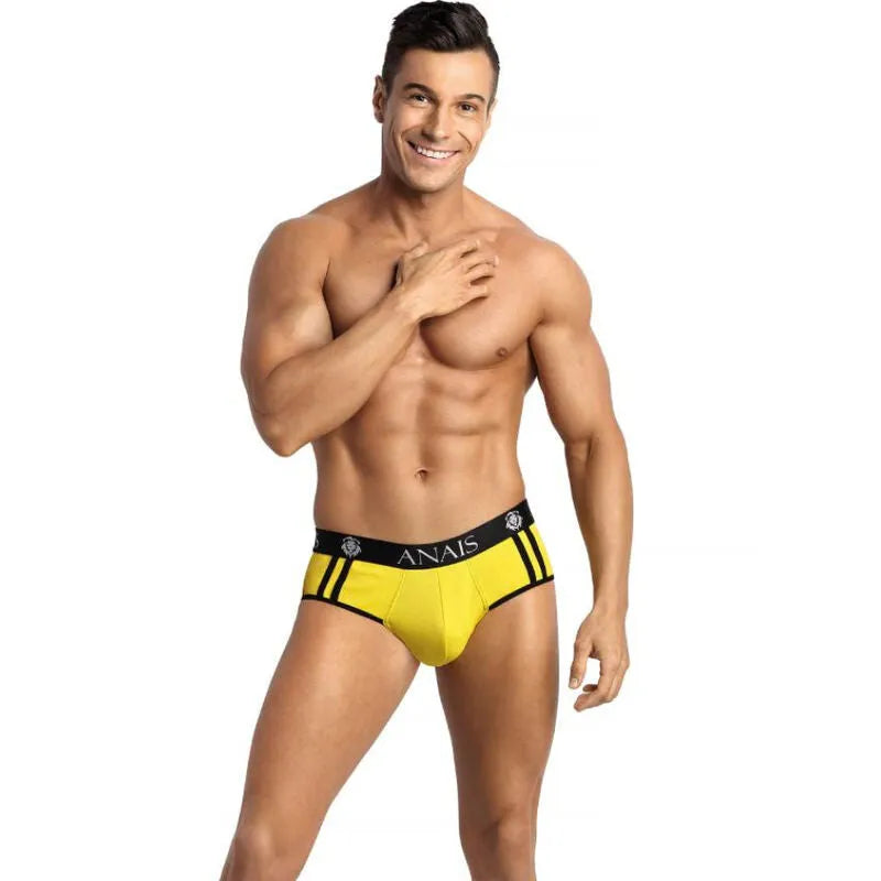 Slip bikini homme jaune ANAIS, design fesses ouvertes, polyamide élasthanne, confort et sensualité, luxe discret.