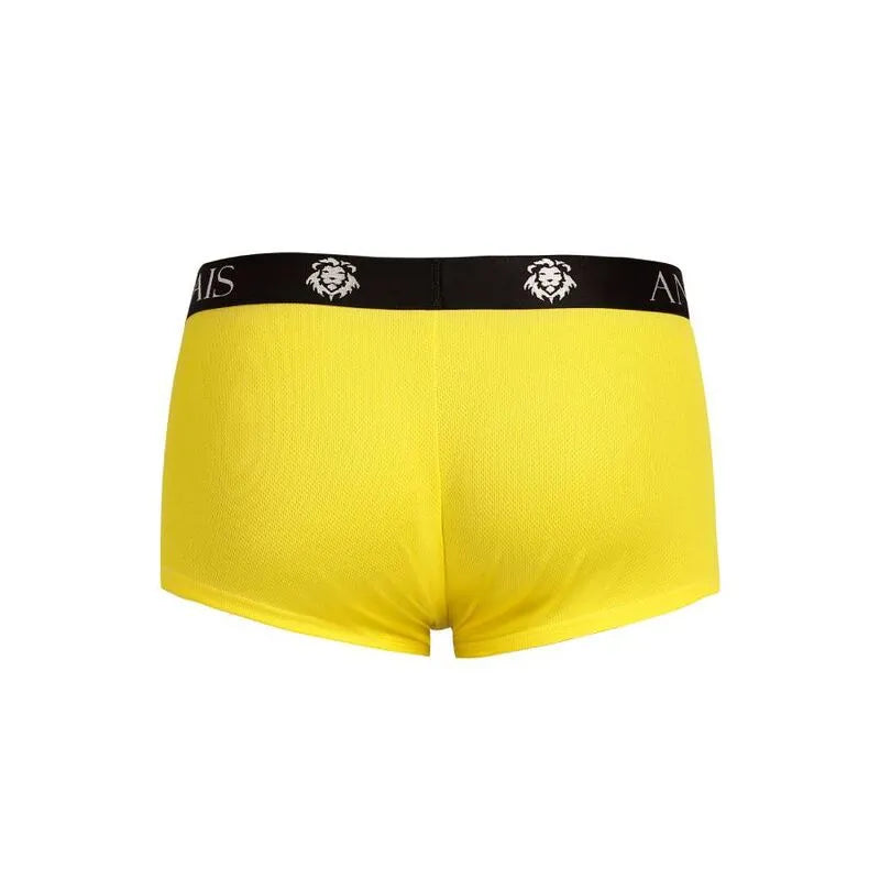 Boxer homme jaune Tokyo Anais, coupe sportive, jambes longues, ceinture noire avec logo lion, ajustement parfait.