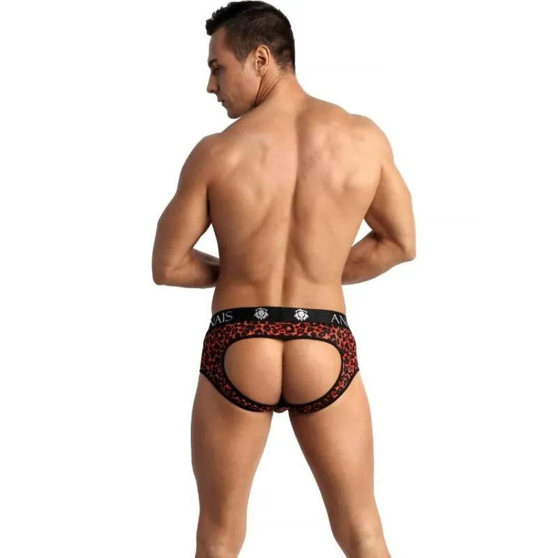 Bikini tribal rouge pour homme avec imprimé animal, coupe audacieuse révélant les fesses, en microfibre douce.