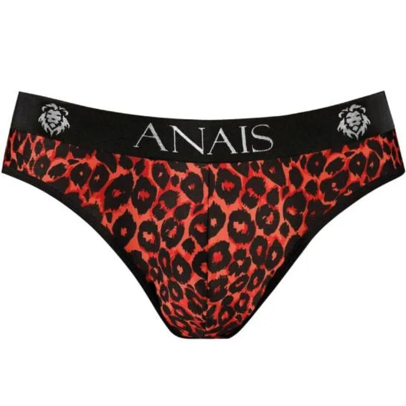 Slip homme rouge imprimé animal, bande élastique noire avec logo Anais, microfibre douce, coupe sexy et confortable.