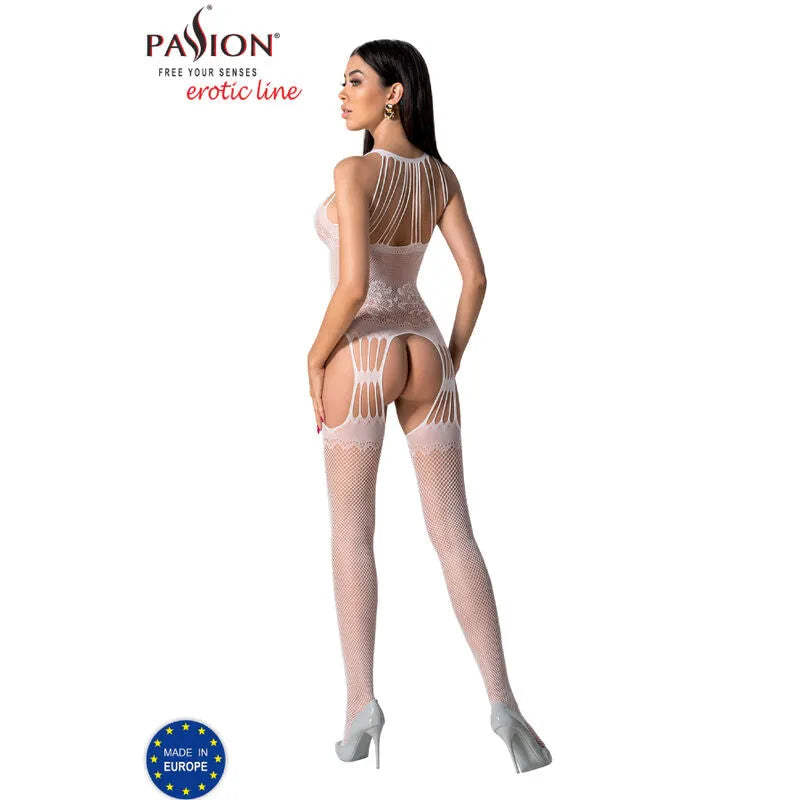 Bodystocking dentelle résille PASSION blanc, design élégant et sensuel, taille unique, vue arrière, femme debout.