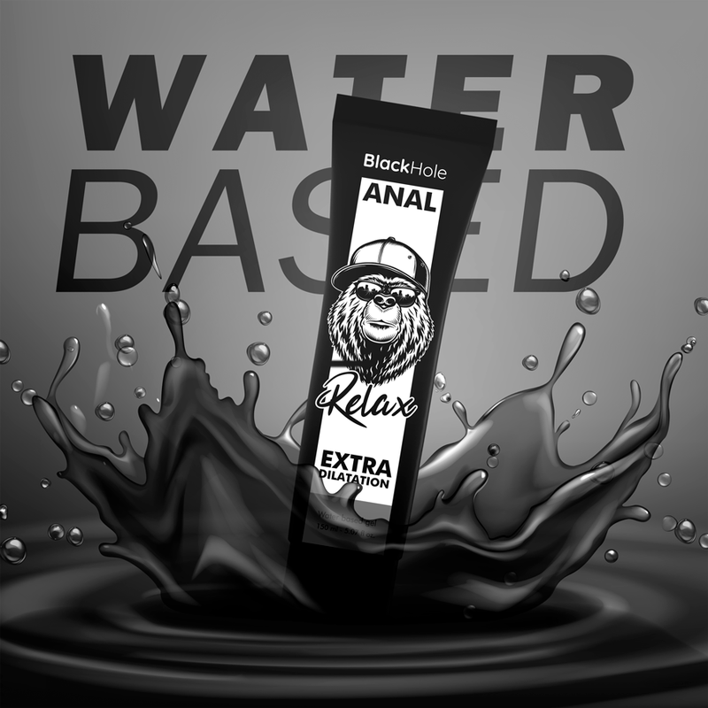 Tube noir de gel dilatateur anal Black Hole 150 ml, texte water based, éclaboussures d'eau, design moderne.