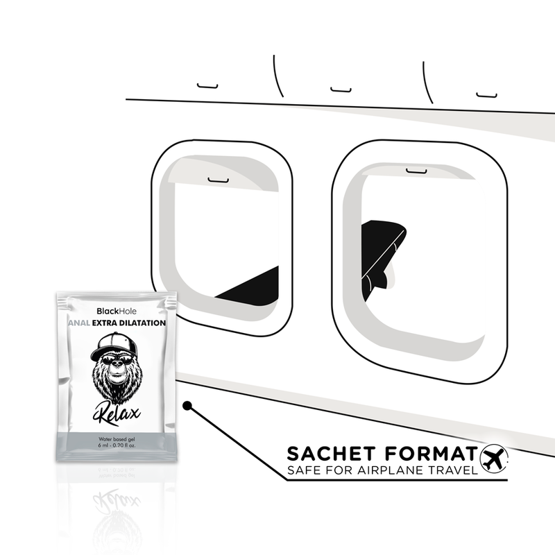 Sachet de gel Black Hole 6 ml, lubrifiant anal dilatateur à base d'eau, fond blanc, design moderne et épuré.