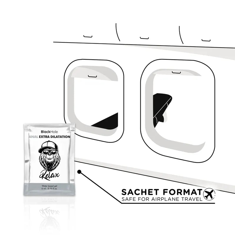 Sachet de gel dilatation anal Black Hole 6ml, transparent, format voyage, fond blanc, compatible usage anal, à base d'eau.