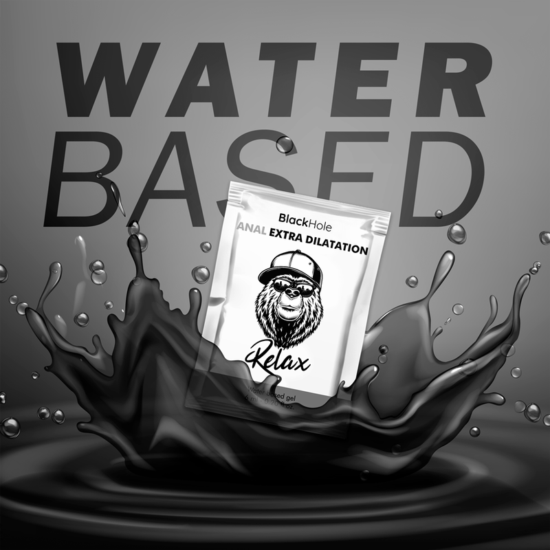 Sachet de gel Black Hole, lubrifiant anal dilatateur à base d'eau, 6 ml, fond noir éclaboussures, texte Water Based.