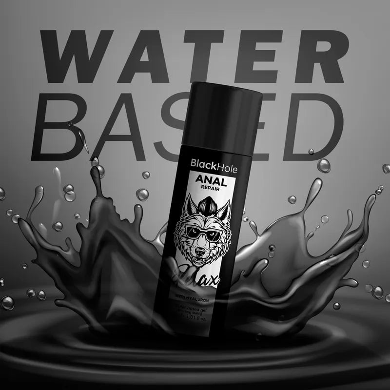 Flacon cylindrique noir 30ml Black Hole lubrifiant anal à l'hyaluron, design élégant, fond éclaboussures d'eau.