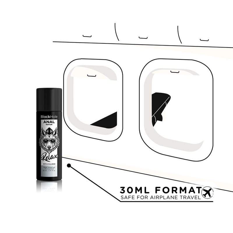 Lubrifiant anal Black Hole 30 ml, flacon noir avec étiquette artistique, idéal pour relaxation et confort anal.