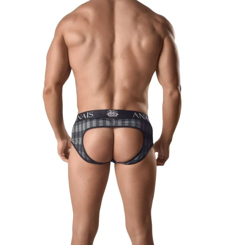 Jock bikini à carreaux gris, dos exposé, coupe audacieuse, ajustement parfait, Anais Men, lingerie masculine élégante.