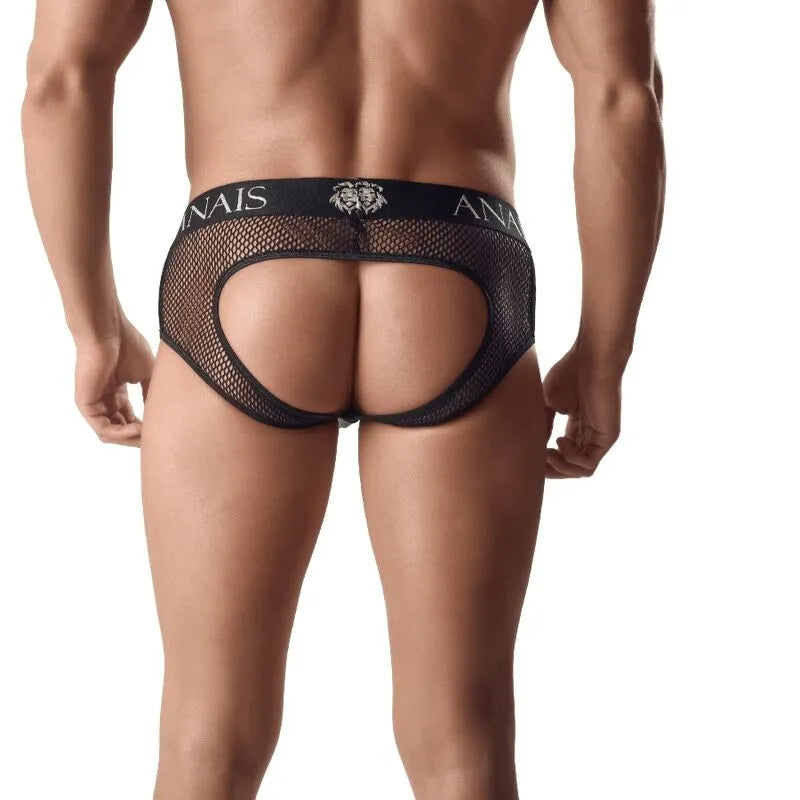 Jock bikini homme noir, filet et cuir, dos exposé, coupe audacieuse, Anais Men, taille 2XL, vue arrière.