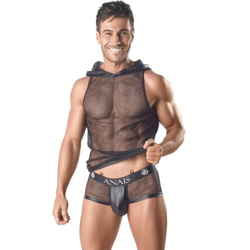 Débardeur noir en mesh avec capuche, ajusté, pour homme, Anais Men, style sexy et moderne.