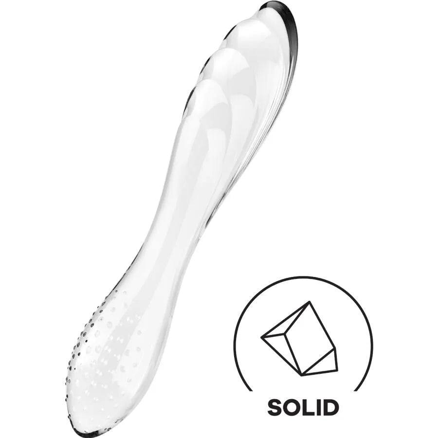 Jouet intime en verre Satisfyer cristal transparent stimulation thermique sextoy double usage point G stimulation clitoridienne hypoallergénique