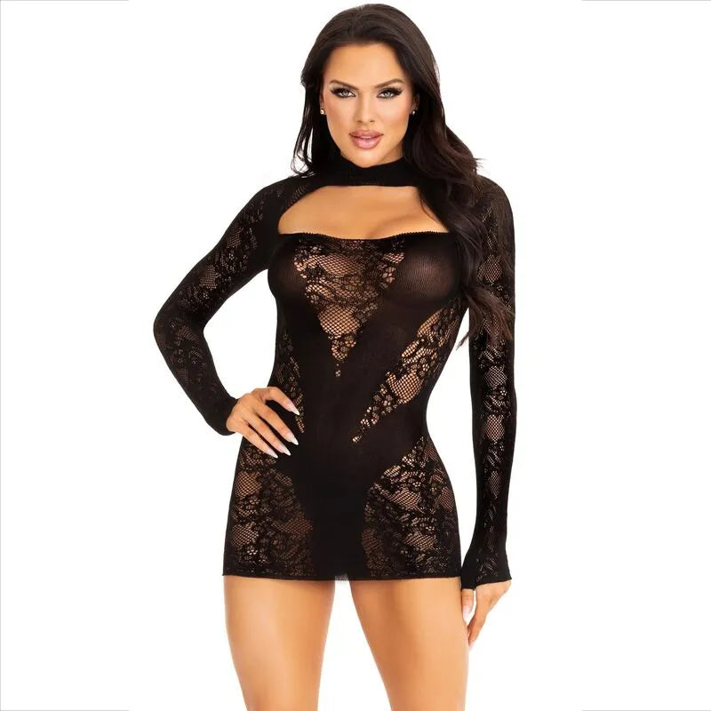 mini robe dentelle noire manches longues élégante soirée femme