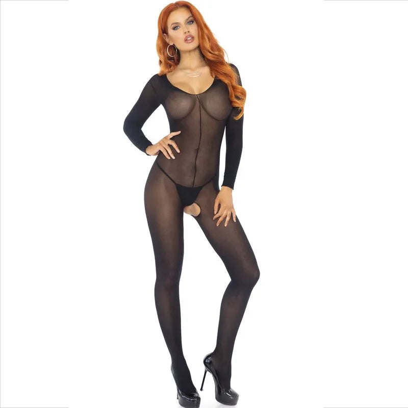 Bodystocking noir manches longues en nylon, silhouette élégante et séduisante, idéal pour occasions spéciales.