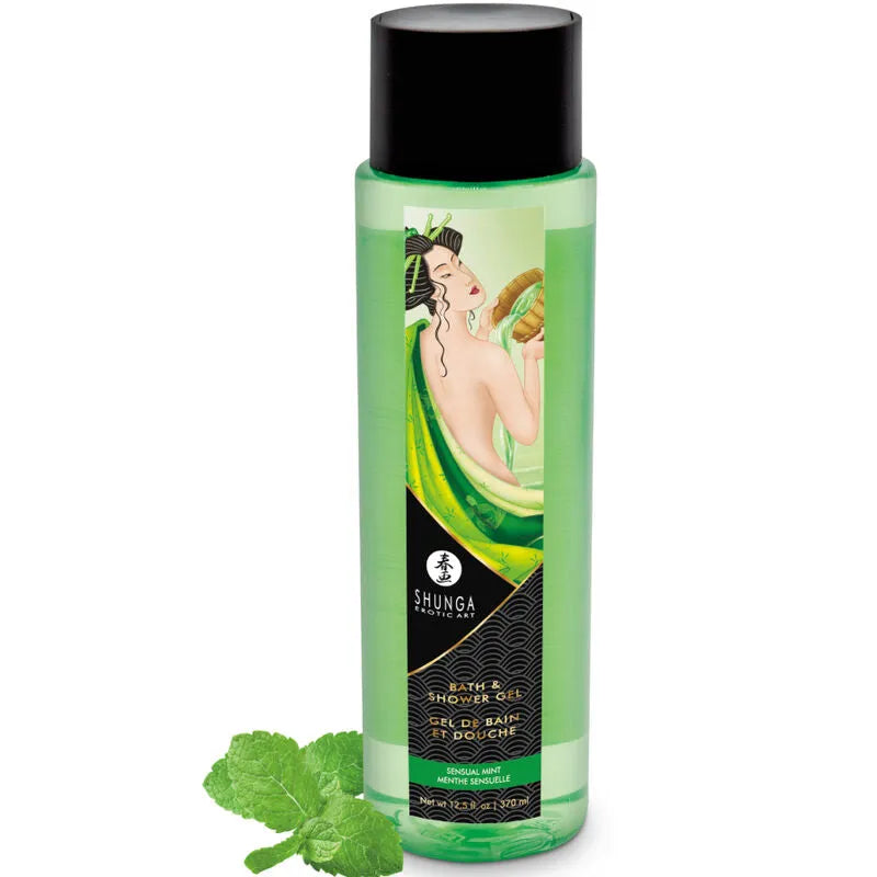 Shunga - Gel Bain & Douche Menthe Sensuelle 370 Ml Huiles Végétales Vitamine E Doux pour Peaux Sensibles Design Élégant Transparent Flacon 500 Ml Érotique Adultes
