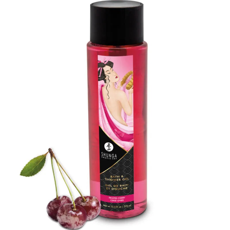 Shunga Gel Bain & Douche Cerise Givrée 370 Ml Flacon Transparent Élancé Design Érotique Art Japonais Édition Limitée