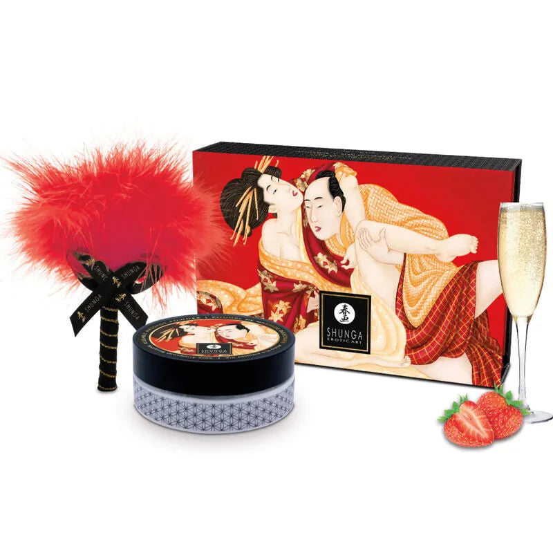 Shunga Kit Poudre Massage Comestible Fraise Coffret Artisanal Design Japonais Plumeau Érotique
