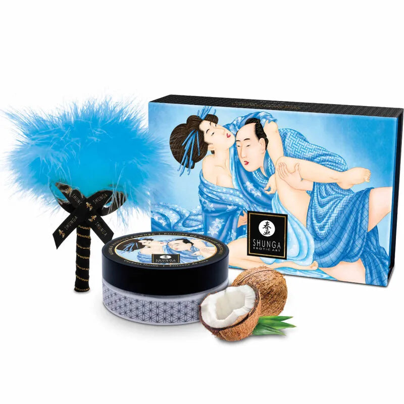 Shunga - Kit Poudre Massage Comestible Noix Coco Design Artisanal Plumeau Caresses Sensuelles Intime
