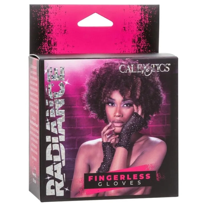 Gants sans doigts Radiance noirs ornés de strass, en mesh respirant, présentés dans un emballage élégant et glamour.