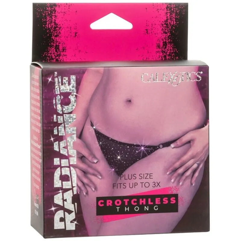 String sans entrejambe noir avec strass, grande taille, bretelles réglables, présenté dans un emballage rose et noir.