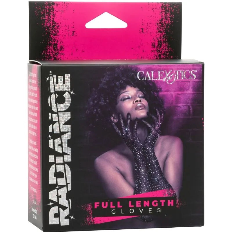 Gants longs noirs en maille extensible avec strass brillants, emballage rose et noir, marque Calexotics Radiance.