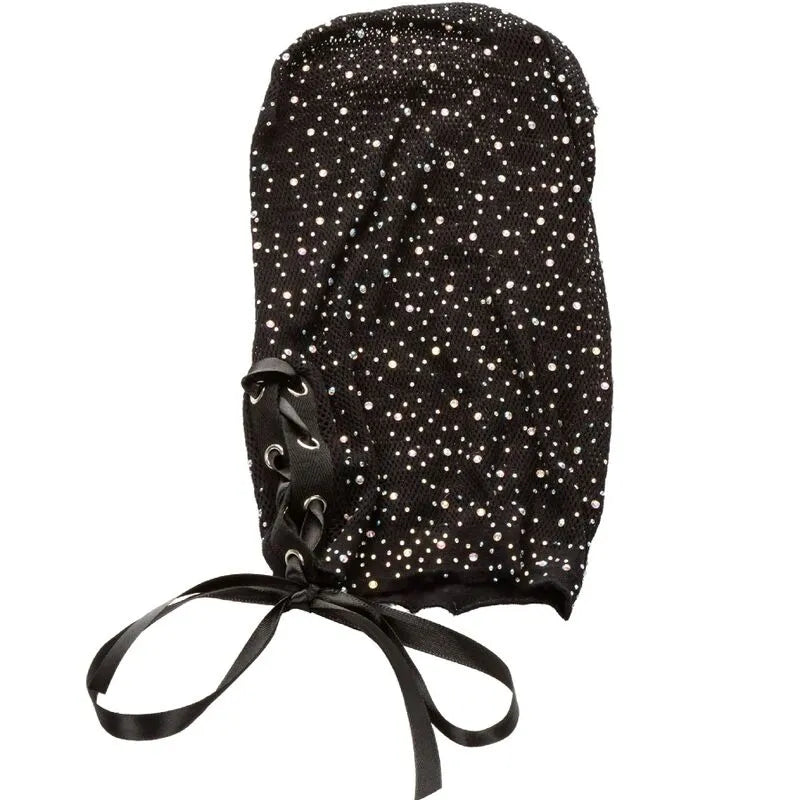 Capuche noire Radiance avec strass scintillants, maille respirante et laçage corset, pour jeux sensoriels glamour.