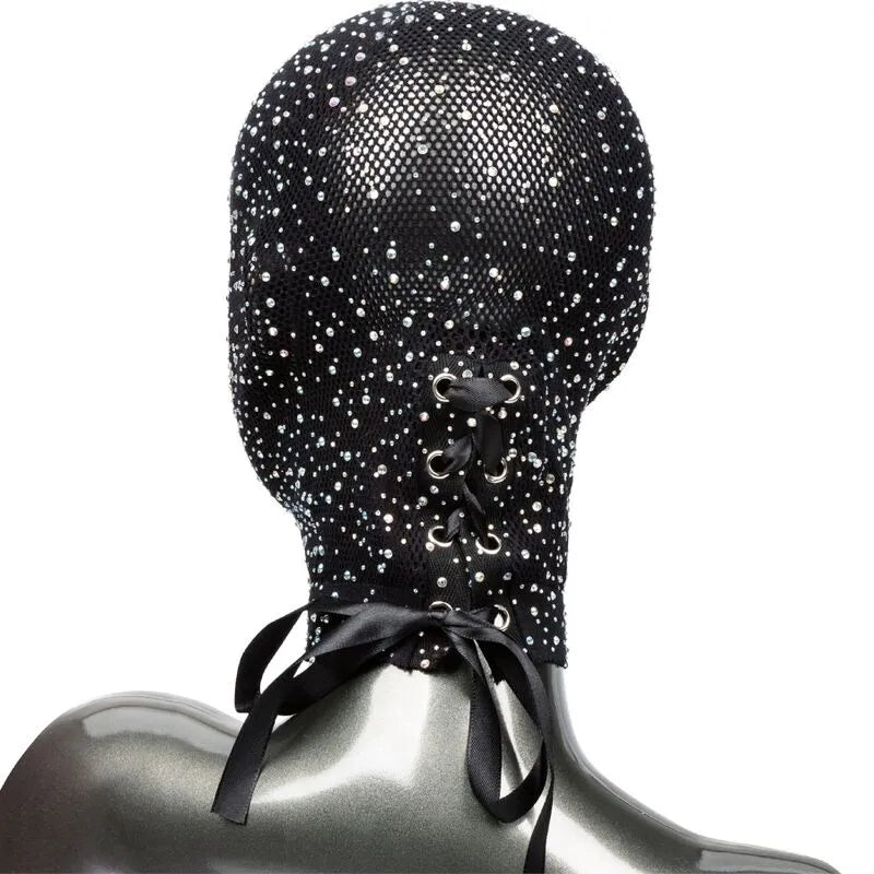 Capuche glamour Radiance, maille respirante, détails étincelants, laçage corset, restriction sensorielle, noir.