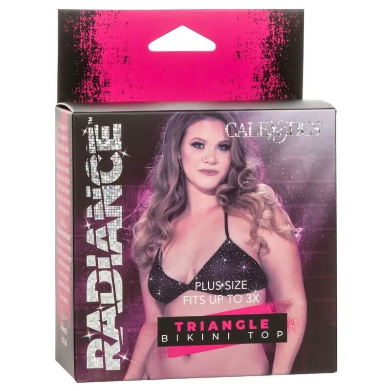Haut de bikini triangle noir grande taille avec strass, bretelles réglables, sur fond rose, modèle inclus.