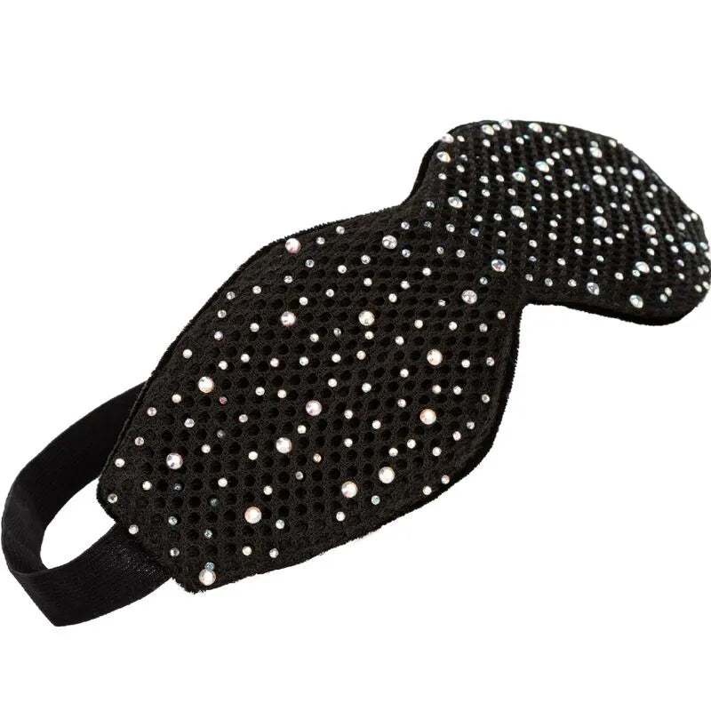 Masque occultant noir en strass, design incurvé, doublure moelleuse, idéal pour jeux sensoriels et sommeil profond.