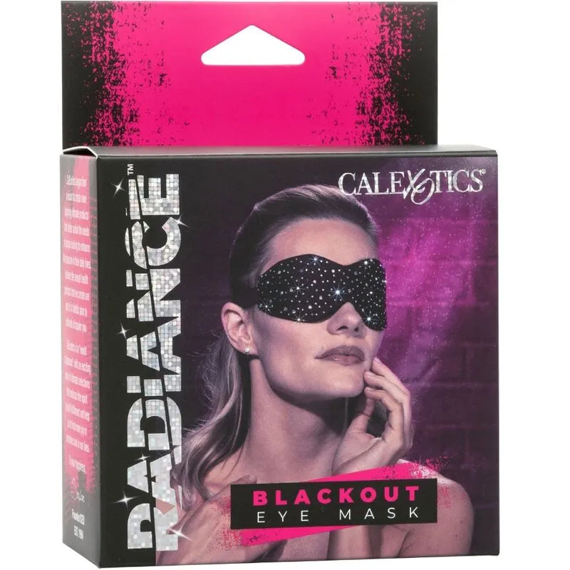 Masque pour les yeux en strass noir, design incurvé, sur emballage rose et noir, marque CALEXOTICS Radiance.
