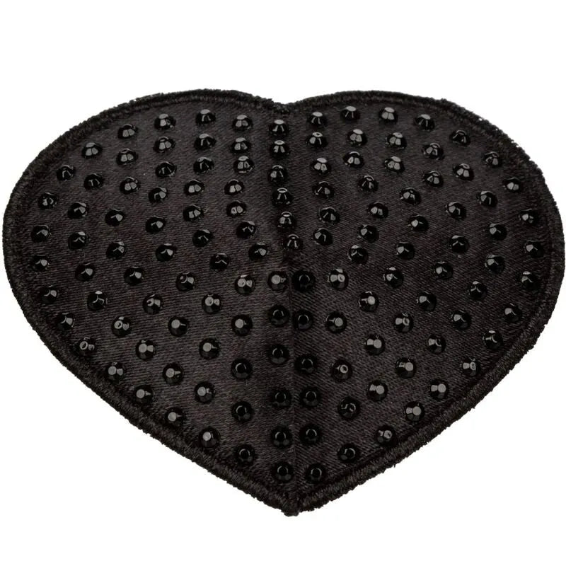Cache-téton en forme de cœur noir avec pierres scintillantes, design glamour et réutilisable pour festivals et soirées.