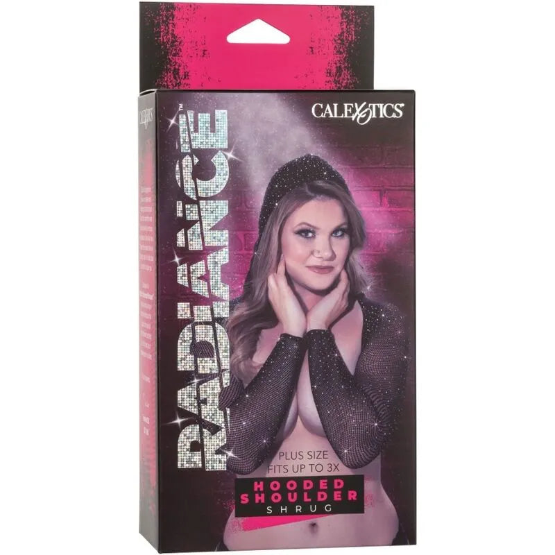Boléro à capuche noir grande taille avec strass, design en maille, porté par mannequin, marque CalExotics Radiance.