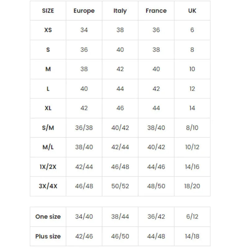 Tableau des tailles Leg Avenue pour body sans pieds opaque, couvrant tailles Europe, Italie, France, UK, et tailles plus.