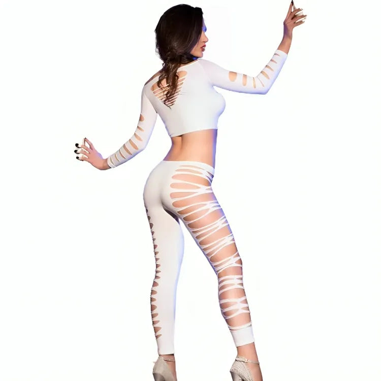 Ensemble blanc CHILIROSE CR 3654 avec top et leggings, ouvertures sensuelles, design élégant et confortable.