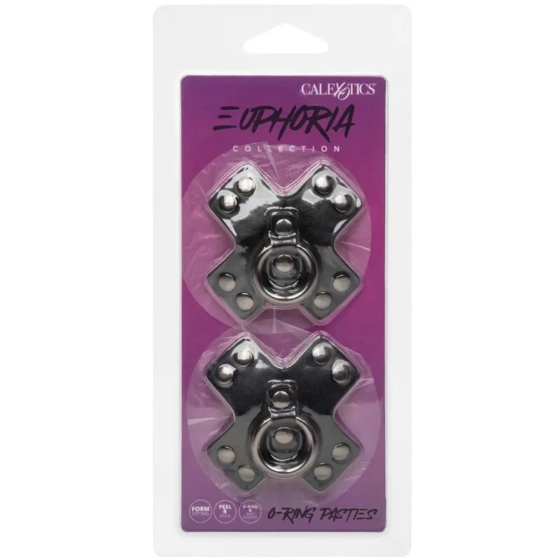 Cache-tétons noirs à joint torique avec rivets, design sophistiqué et réutilisable, accents métalliques, emballage Euphoria.